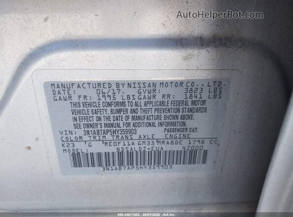 3N1AB7AP5HY359903 2017 NISSAN SENTRA Серебряный Вид подкапотного пространства