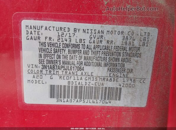 3N1AB7AP5JL617064 2018 NISSAN SENTRA Red Вид підкапотного простору