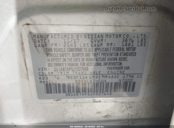 3N1AB7AP5JY227648 2018 NISSAN SENTRA Silver Widok komory silnika