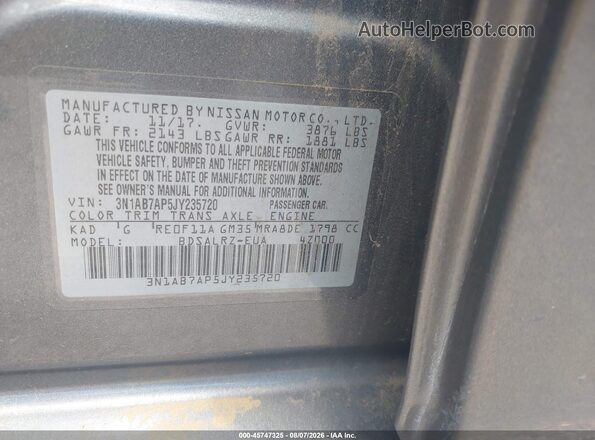 3N1AB7AP5JY235720 2018 NISSAN SENTRA Серый Вид подкапотного пространства