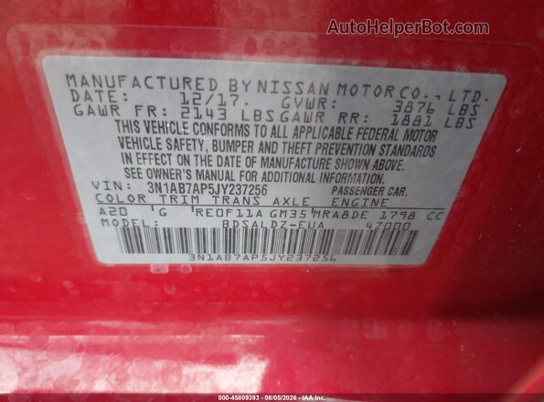 3N1AB7AP5JY237256 2018 NISSAN SENTRA Red Widok komory silnika