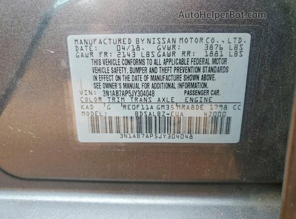 3N1AB7AP5JY304048 2018 NISSAN SENTRA Серый Вид подкапотного пространства