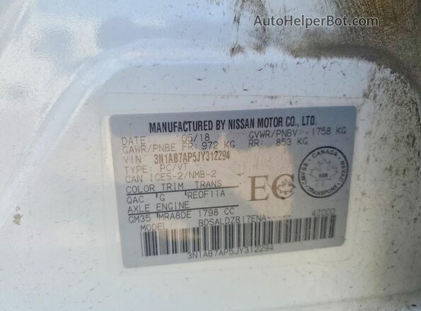 3N1AB7AP5JY312294 2018 NISSAN SENTRA White Vista de la etiqueta del VIN