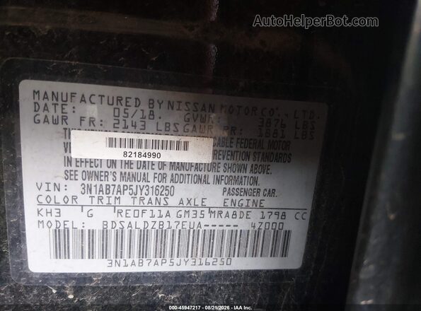 3N1AB7AP5JY316250 2018 NISSAN SENTRA Черный Вид подкапотного пространства