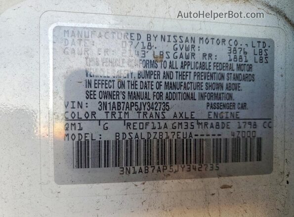 3N1AB7AP5JY342735 2018 NISSAN SENTRA Белый Вид наклейки с VIN-кодом
