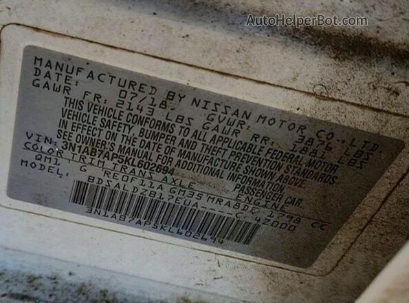 3N1AB7AP5KL602694 2019 NISSAN SENTRA Белый Вид наклейки с VIN-кодом