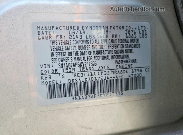3N1AB7AP5KY217395 2019 NISSAN SENTRA Silver VIN კოდის სტიკერის ხედი