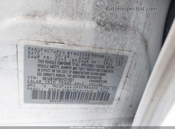 3N1AB7AP5KY221821 2019 NISSAN SENTRA White Vista del compartimento del motor