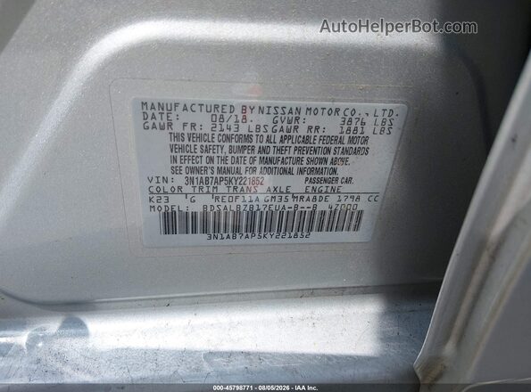 3N1AB7AP5KY221852 2019 NISSAN SENTRA Silver Вид підкапотного простору