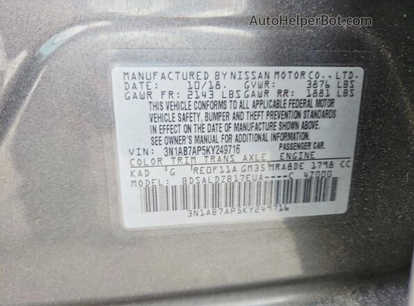 3N1AB7AP5KY249716 2019 NISSAN SENTRA Gray VIN კოდის სტიკერის ხედი