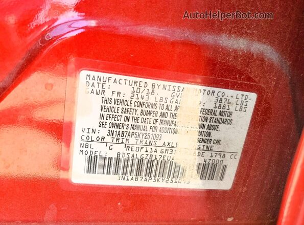 3N1AB7AP5KY251093 2019 NISSAN SENTRA Red VIN sticker view