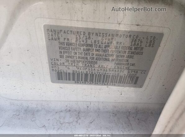 3N1AB7AP5KY268556 2019 NISSAN SENTRA White ძრავის განყოფილების ხედი