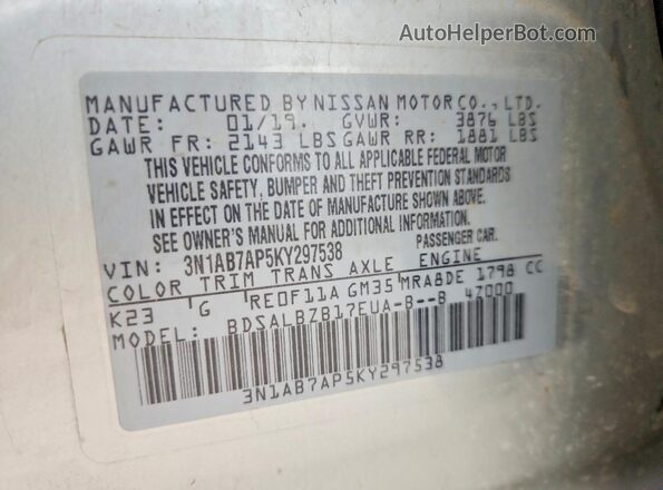 3N1AB7AP5KY297538 2019 NISSAN SENTRA Silver VIN კოდის სტიკერის ხედი