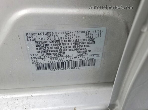 3N1AB7AP5KY305301 2019 NISSAN SENTRA Silver Vista de la etiqueta del VIN