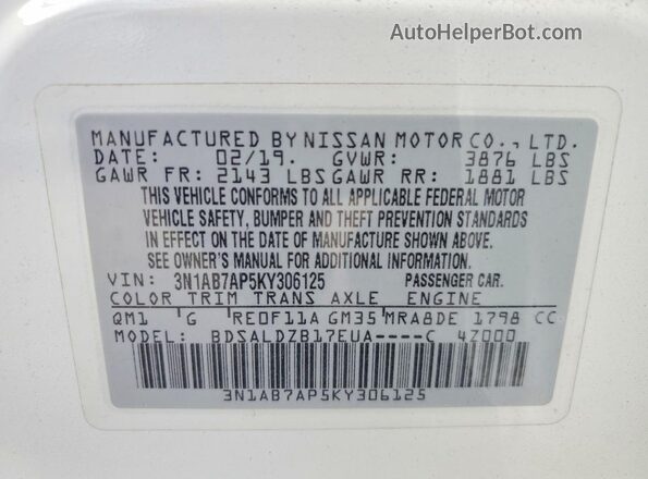 3N1AB7AP5KY306125 2019 NISSAN SENTRA White ძრავის განყოფილების ხედი