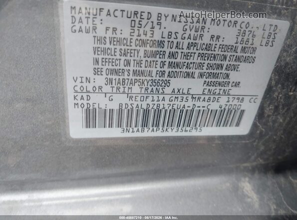 3N1AB7AP5KY356295 2019 NISSAN SENTRA Silver Շարժիչի բաժամունքի տեսք