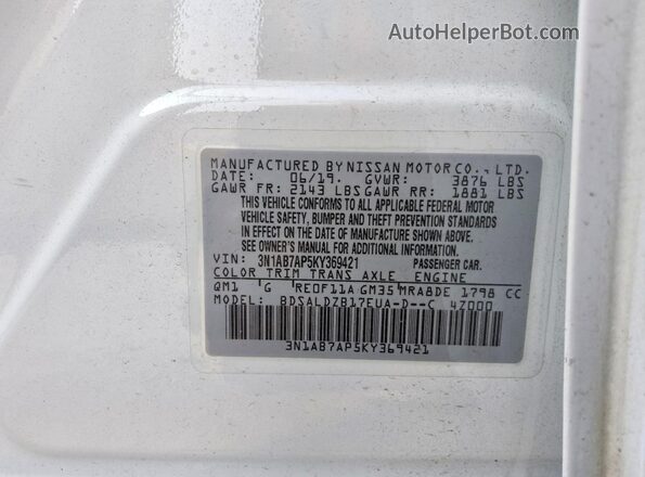 3N1AB7AP5KY369421 2019 NISSAN SENTRA White Вид наклейки з VIN-кодом