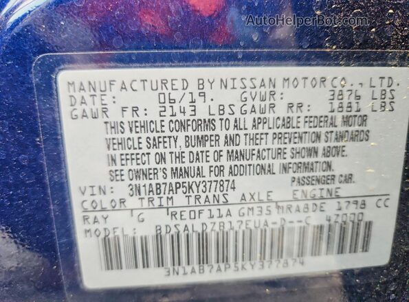 3N1AB7AP5KY377874 2019 NISSAN SENTRA Blue Widok naklejki z numerem VIN