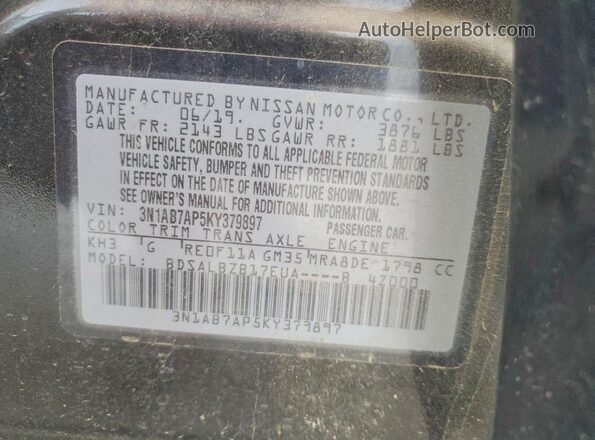 3N1AB7AP5KY379897 2019 NISSAN SENTRA Black Вид наклейки з VIN-кодом