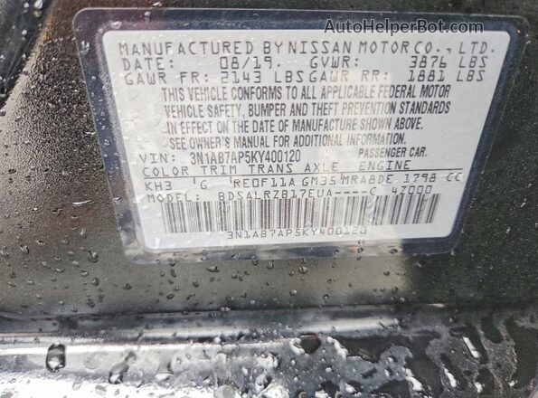 3N1AB7AP5KY400120 2019 NISSAN SENTRA Black Вид наклейки з VIN-кодом