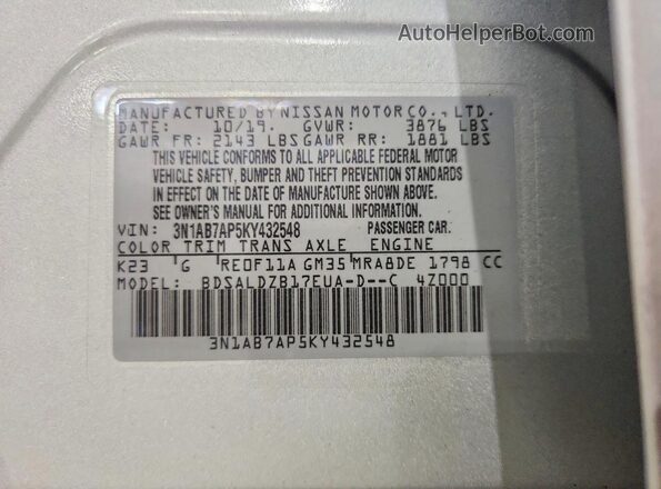3N1AB7AP5KY432548 2019 NISSAN SENTRA Серебряный Вид подкапотного пространства