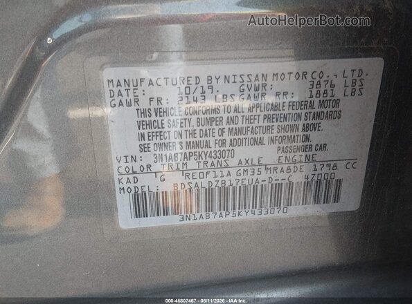 3N1AB7AP5KY433070 2019 NISSAN SENTRA Gray Widok komory silnika