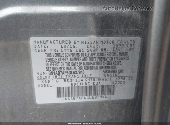 3N1AB7AP6GL637946 2016 NISSAN SENTRA Gray ძრავის განყოფილების ხედი