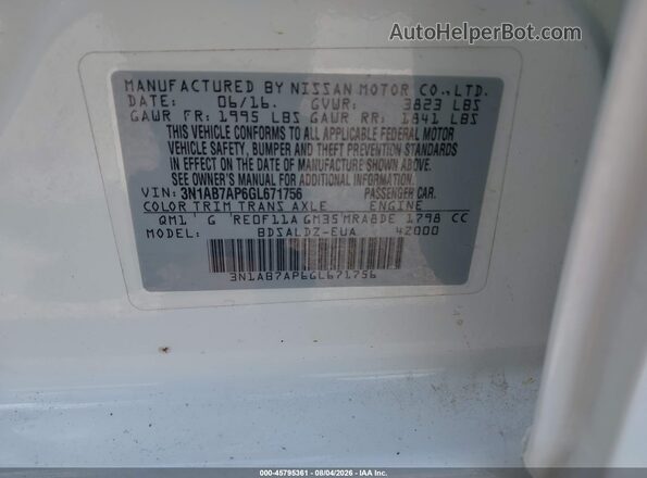 3N1AB7AP6GL671756 2016 NISSAN SENTRA White Вид підкапотного простору