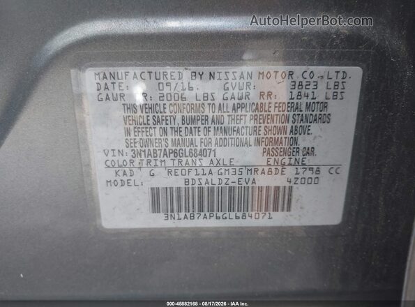 3N1AB7AP6GL684071 2016 NISSAN SENTRA Gray Շարժիչի բաժամունքի տեսք