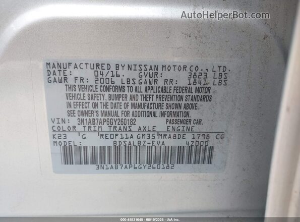 3N1AB7AP6GY260182 2016 NISSAN SENTRA Silver Vista del compartimento del motor