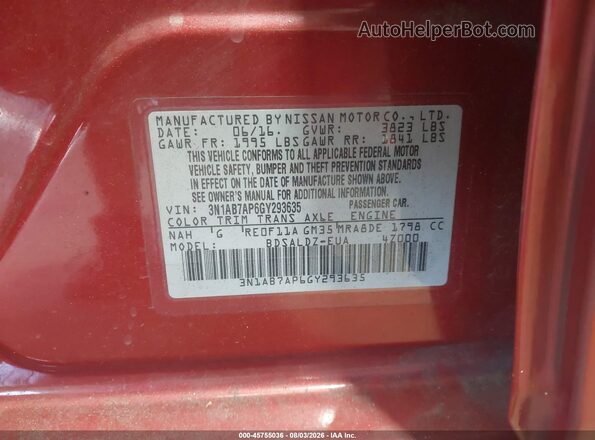 3N1AB7AP6GY293635 2016 NISSAN SENTRA Burgundy Շարժիչի բաժամունքի տեսք