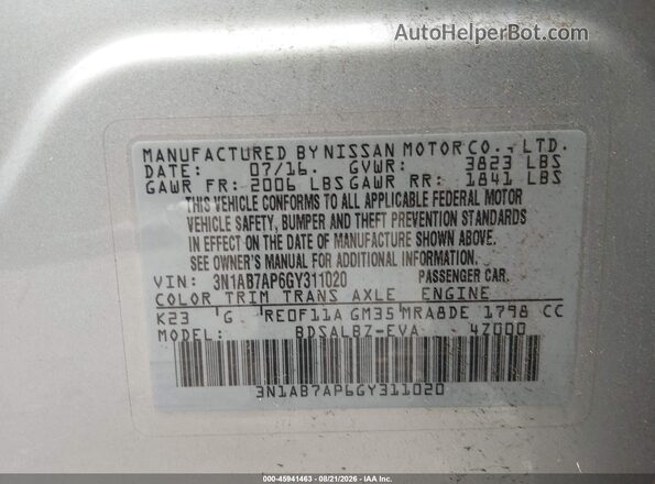 3N1AB7AP6GY311020 2016 NISSAN SENTRA Silver Vista del compartimento del motor