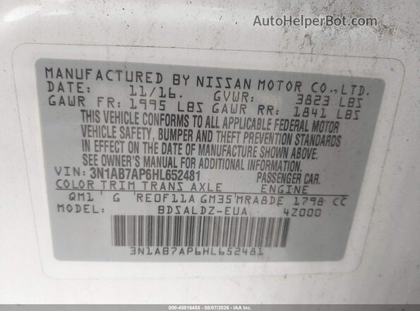 3N1AB7AP6HL652481 2017 NISSAN SENTRA White Շարժիչի բաժամունքի տեսք
