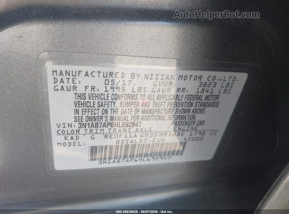 3N1AB7AP6HL692947 2017 NISSAN SENTRA Gray Widok komory silnika