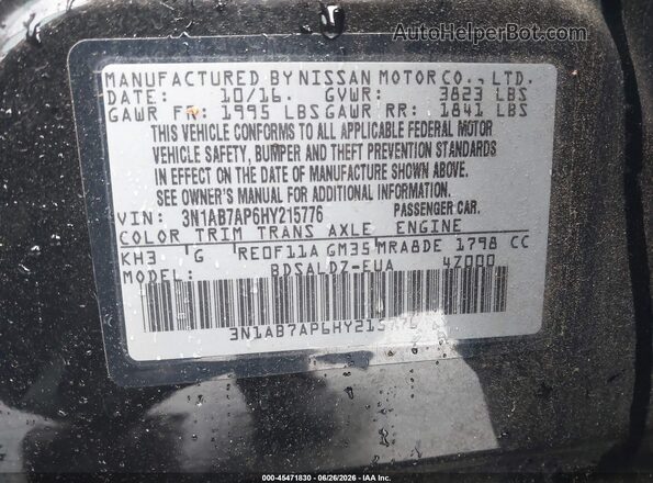 3N1AB7AP6HY215776 2017 NISSAN SENTRA Black Engine compartment view