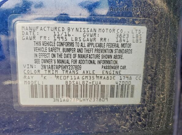 3N1AB7AP6HY237809 2017 NISSAN SENTRA Blue ძრავის განყოფილების ხედი
