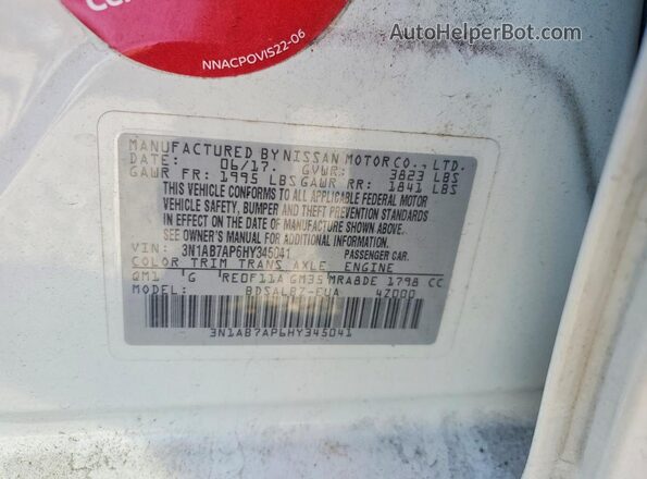 3N1AB7AP6HY345041 2017 NISSAN SENTRA Белый Вид наклейки с VIN-кодом