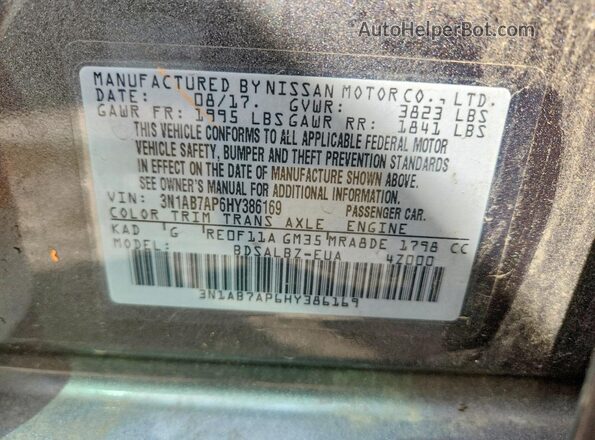 3N1AB7AP6HY386169 2017 NISSAN SENTRA Серый Вид наклейки с VIN-кодом