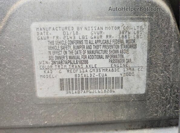 3N1AB7AP6JL618286 2018 NISSAN SENTRA Gray Вид підкапотного простору
