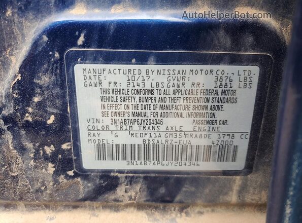 3N1AB7AP6JY204346 2018 NISSAN SENTRA Blue Շարժիչի բաժամունքի տեսք