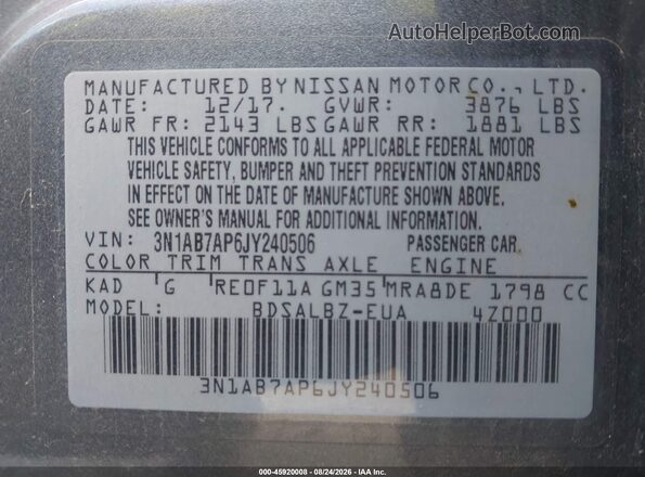 3N1AB7AP6JY240506 2018 NISSAN SENTRA Gray Widok komory silnika