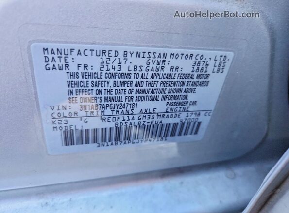 3N1AB7AP6JY247181 2018 NISSAN SENTRA Silver Vista del compartimento del motor