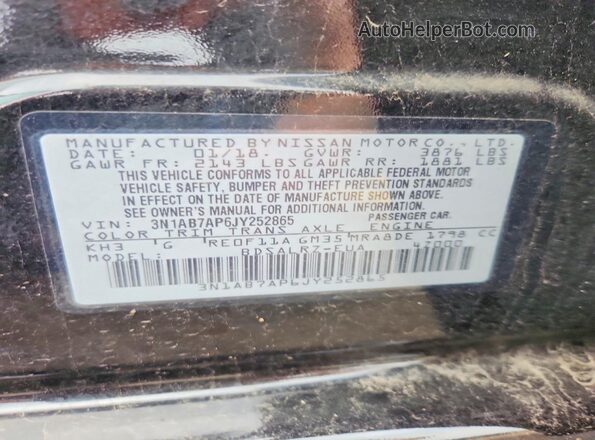 3N1AB7AP6JY252865 2018 NISSAN SENTRA Black Widok naklejki z numerem VIN