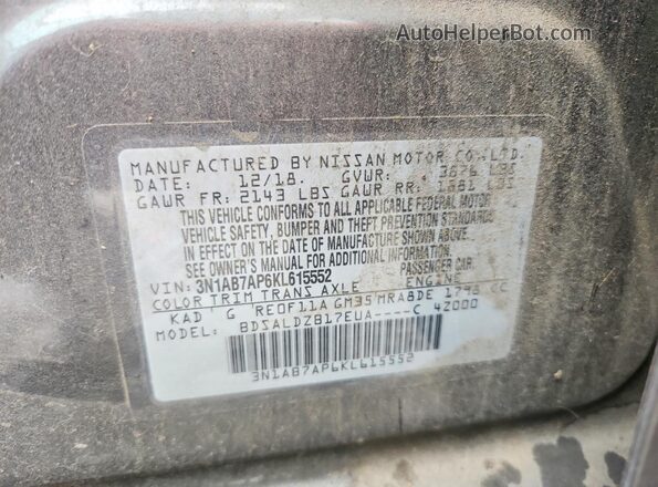 3N1AB7AP6KL615552 2019 NISSAN SENTRA Gray Widok naklejki z numerem VIN