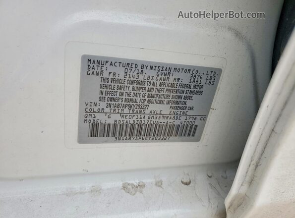 3N1AB7AP6KY203327 2019 NISSAN SENTRA Белый Вид подкапотного пространства