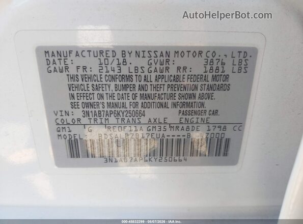 3N1AB7AP6KY250664 2019 NISSAN SENTRA White Vista del compartimento del motor