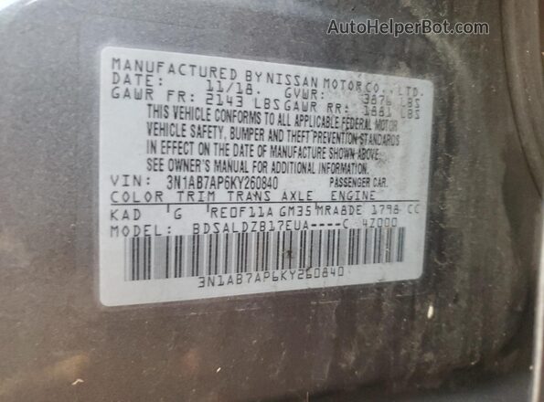 3N1AB7AP6KY260840 2019 NISSAN SENTRA Gray ძრავის განყოფილების ხედი