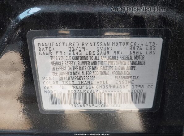 3N1AB7AP6KY289335 2019 NISSAN SENTRA Black Engine compartment view