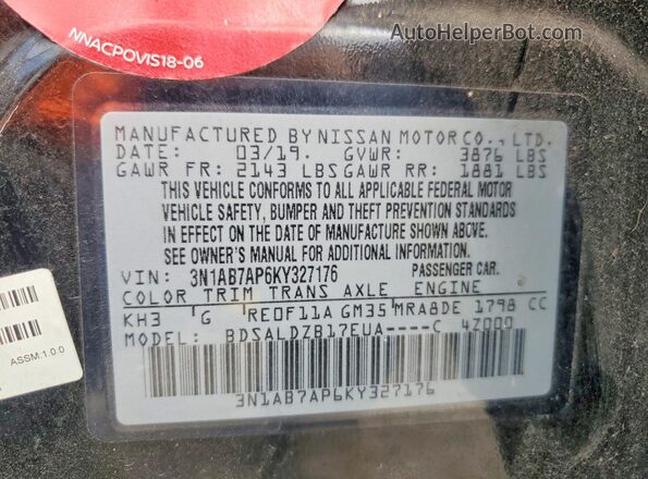 3N1AB7AP6KY327176 2019 NISSAN SENTRA Black Vista de la etiqueta del VIN