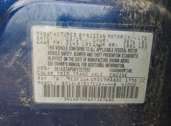 3N1AB7AP6KY327680 2019 NISSAN SENTRA Синий Вид подкапотного пространства